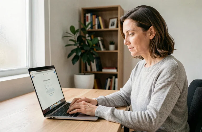 Femme connectée à son compte webmail sur un ordinateur portable dans un bureau à domicile moderne