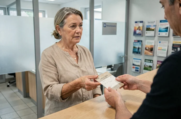 Femme présentant son livret A à un conseiller bancaire pour retrouver son numéro de compte en agence