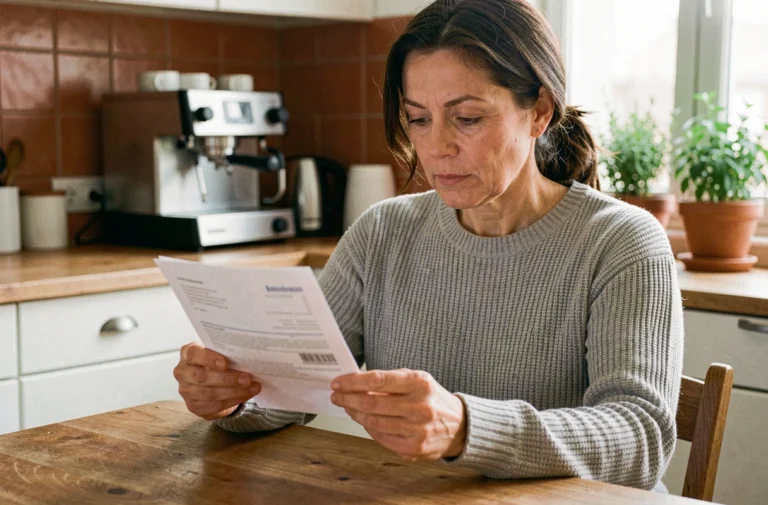 Femme consultant un document bancaire Livret A à la table de sa cuisine pour retrouver son numéro de compte