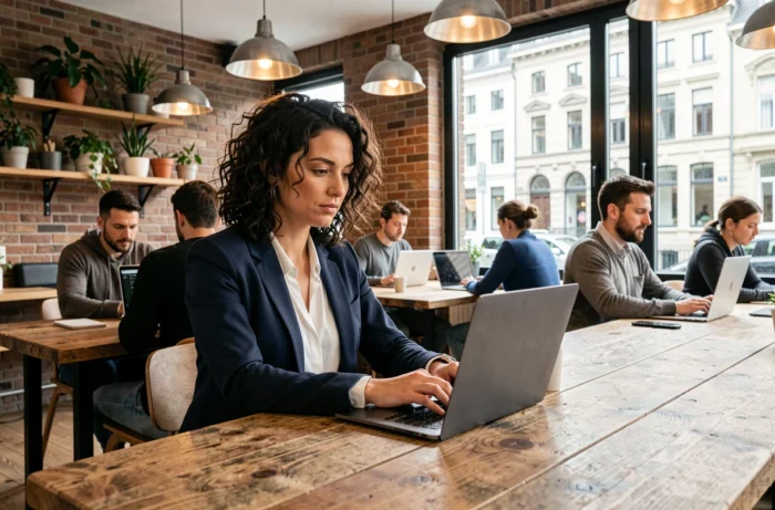 Femme professionnelle travaillant dans un espace de coworking moderne à Bruxelles avec murs en briques apparentes et grandes fenêtres