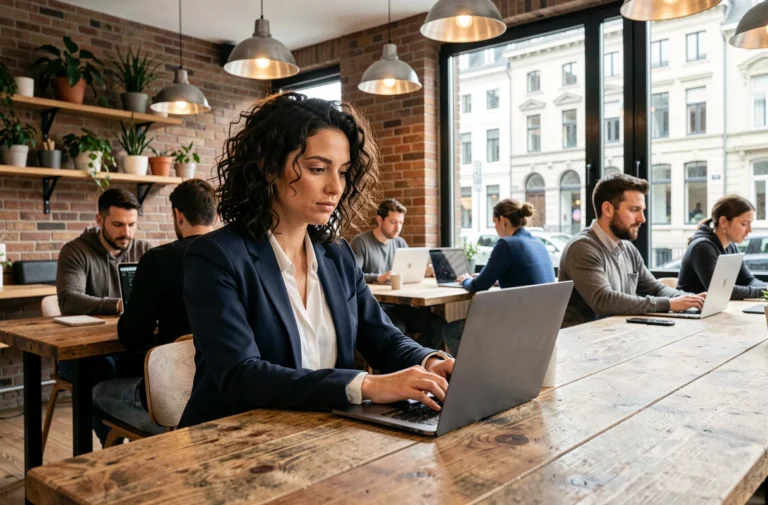 Femme professionnelle travaillant dans un espace de coworking moderne à Bruxelles avec murs en briques apparentes et grandes fenêtres