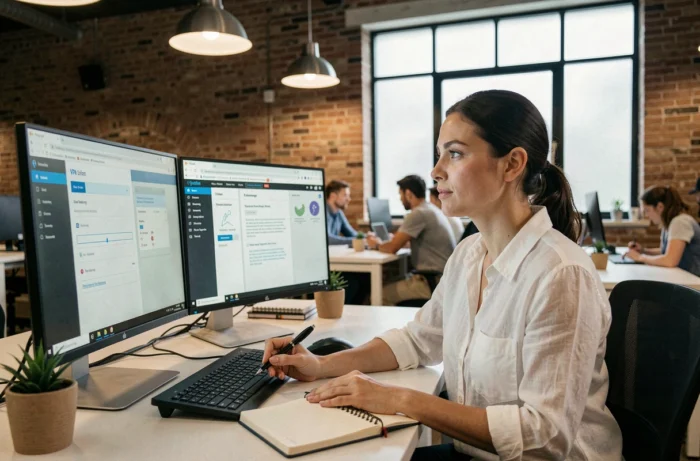 Femme dans un espace de coworking configurant les paramètres de son VPN sur un ordinateur de bureau double écran