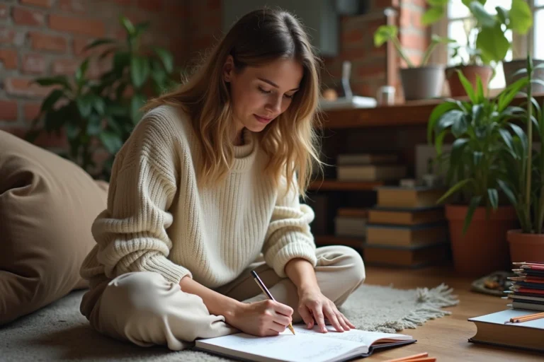 Femme dessinant dans un carnet d'art dans un studio créatif cosy avec des plantes et des crayons colorés