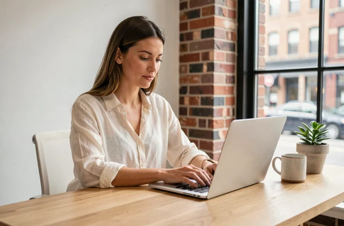 Femme entrepreneur travaillant sur son ordinateur portable dans un bureau à domicile épuré pour lancer son activité en ligne