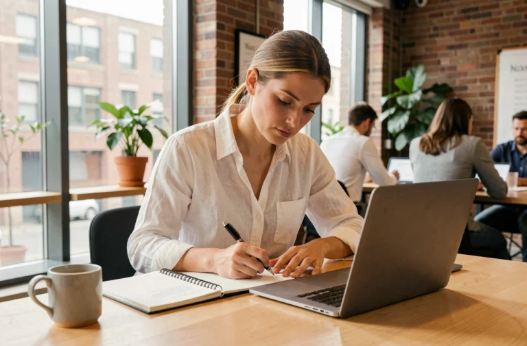 Femme entrepreneur prenant des notes devant un ordinateur portable dans un espace de co-working moderne, illustrant la recherche de ressources pour développer un business en ligne