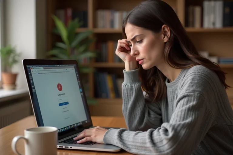 Femme frustrée face à une erreur de connexion sur son ordinateur portable à son bureau à domicile