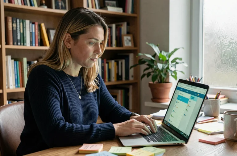 Femme concentrée gérant ses mots de passe sur un ordinateur portable dans un bureau à domicile pour protéger sa vie numérique