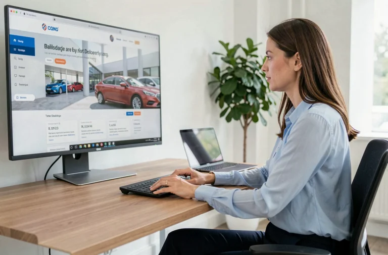 Femme naviguant sur le plan du site Clic Auto depuis un ordinateur de bureau dans un bureau moderne