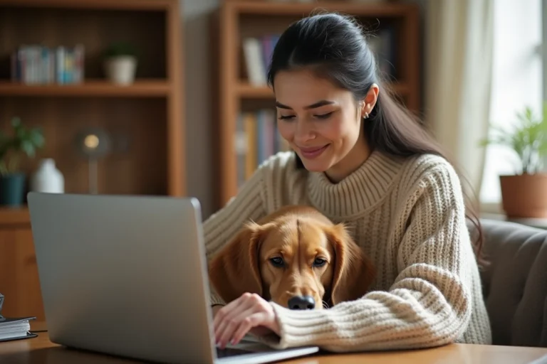 Femme naviguant sur un site web dédié aux animaux de compagnie avec son chien golden retriever à ses côtés