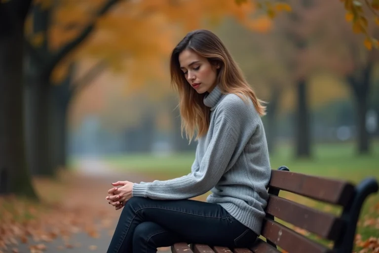 Femme pensive assise seule sur un banc dans un parc en automne, illustrant l'isolement lié aux troubles mentaux