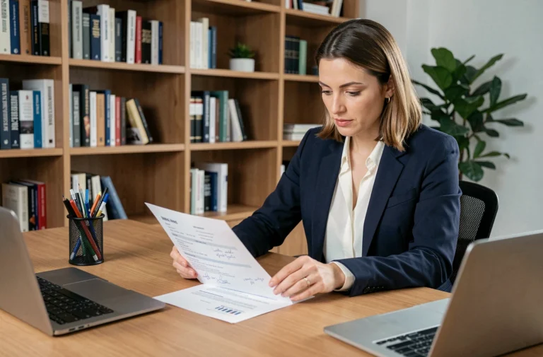 Femme professionnelle en blazer marine révisant son CV à son bureau, optimisant son parcours professionnel