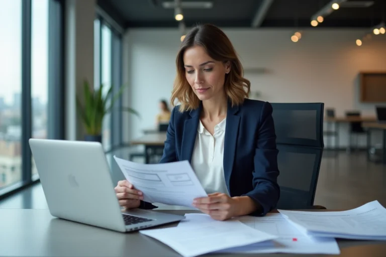 Femme professionnelle consultant des documents de suivi de colis dans un bureau moderne