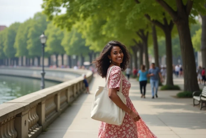Femme dynamique et souriante se promenant au bord d'un fleuve en ville, reflétant une vie personnelle épanouie et des projets de vie ambitieux