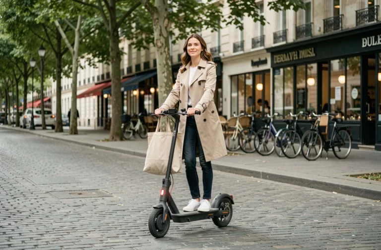 Femme en manteau beige sur une trottinette électrique moderne dans une rue parisienne bordée d'arbres, illustrant les déplacements urbains quotidiens en trottinette