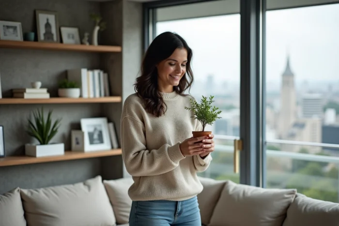 Jeune femme épanouie dans son appartement moderne, contemplant son intérieur cosy, symbolisant la vie de couple et les projets de famille