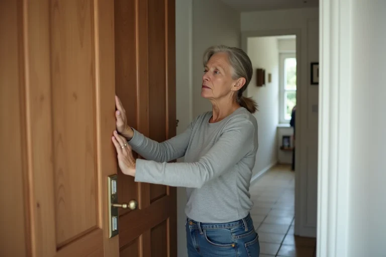 Femme fermant soigneusement une porte intérieure en bois pour prévenir la propagation d'un incendie domestique