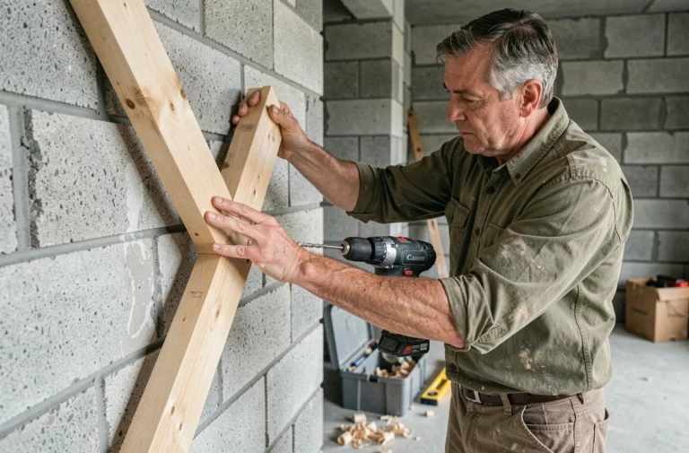 Artisan fixant un chevron en bois sur un mur en parpaing brut avec une perceuse à maçonnerie