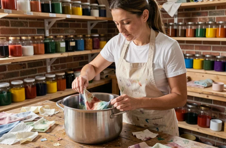Femme fixant l'encre sur un tissu en coton dans un atelier de teinture artisanal avec des bocaux de colorants sur des étagères