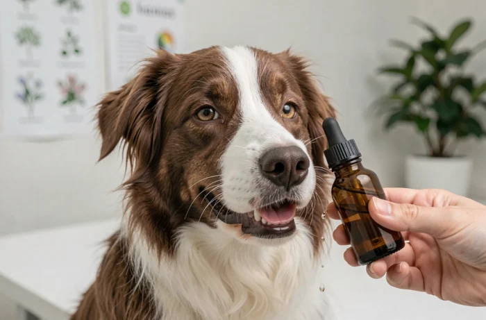Gros plan d'un border collie recevant une préparation de fleurs de Bach en cabinet vétérinaire bien-être