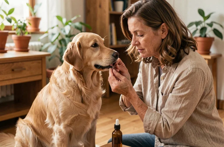 Femme administrant des fleurs de Bach à son golden retriever dans un intérieur cosy et chaleureux