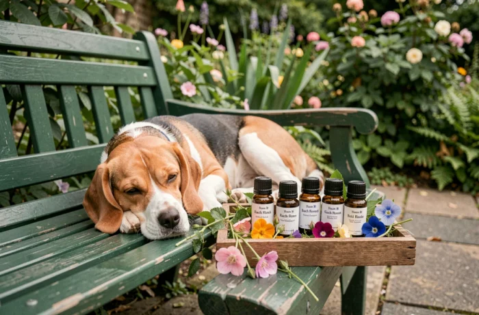 Fleurs de Bach en flacons ambrés posés près d'un beagle serein dans un jardin verdoyant