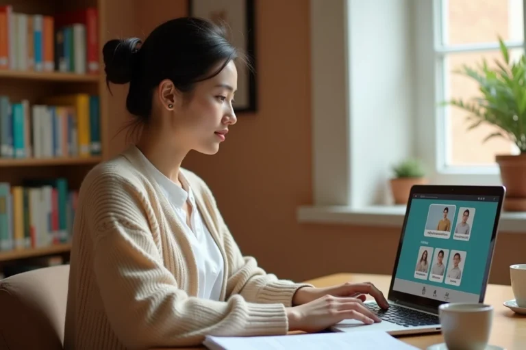 Femme suivant une formation à distance d'éducatrice de jeunes enfants sur son ordinateur portable dans un bureau à domicile