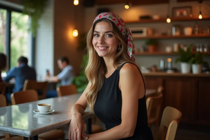 Jeune femme en robe noire avec foulard imprimé en bandeau assise dans un café élégant au décor bohème