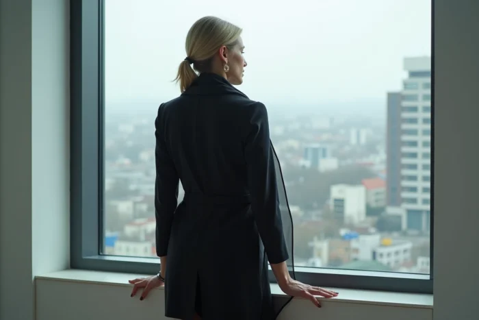 Femme élégante en robe noire portefeuille avec un long foulard en mousseline devant une baie vitrée avec vue sur la ville