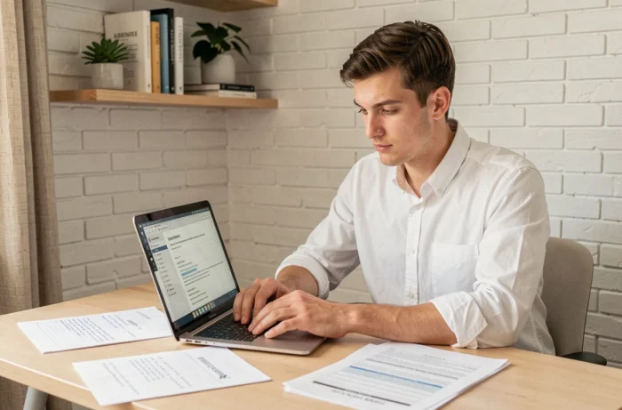 Jeune entrepreneur freelance consultant des modèles de contrats numériques sur ordinateur portable dans un bureau à domicile