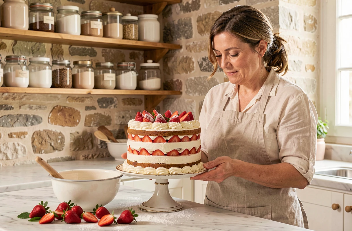 Femme déposant un gâteau fraisier sur un présentoir vintage dans une cuisine en pierre pour un dessert de Pentecôte fait maison