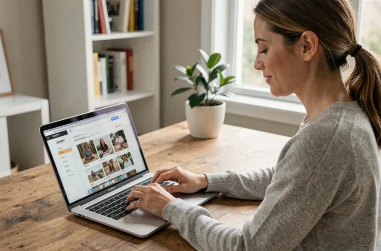 Femme gérant son compte Amazon Photos sur un ordinateur portable dans un bureau à domicile
