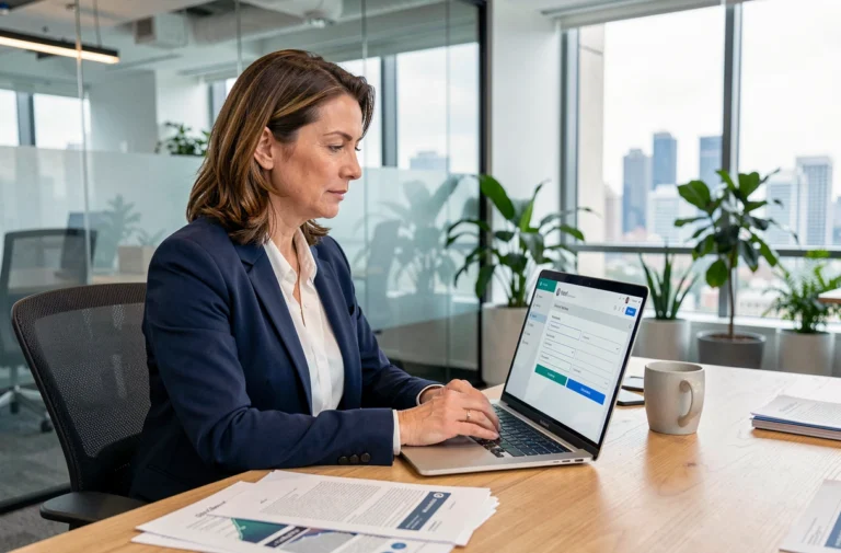 Femme professionnelle connectée à son espace entreprise en ligne sur un ordinateur portable dans un bureau moderne