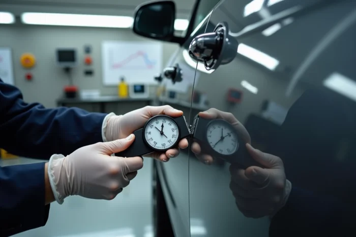 Gros plan sur les mains d'un expert automobile mesurant l'épaisseur de peinture d'un SUV lors d'une expertise à Aix-en-Provence