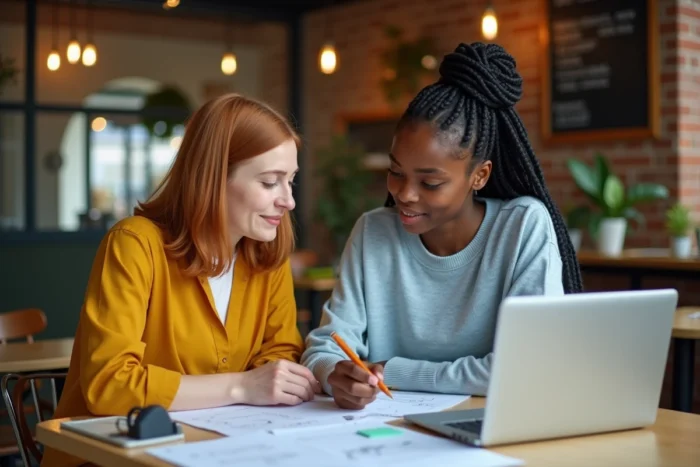 Deux femmes en formation d'éducatrices de jeunes enfants à distance qui révisent ensemble dans un café