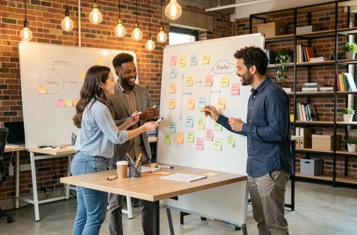 Groupe de jeunes professionnels collaborant sur un plan de développement de carrière dans un bureau créatif