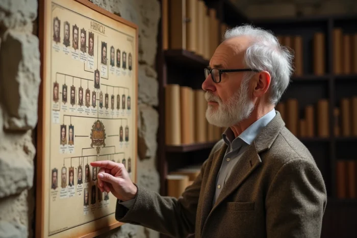 Historien montrant un arbre généalogique des rois de France affiché sur le mur d'une salle d'archives universitaire