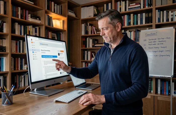Homme d'affaires consultant un guide stratégique en ligne dans son bureau à domicile aménagé, symbolisant l'accès aux ressources essentielles pour booster un business en ligne