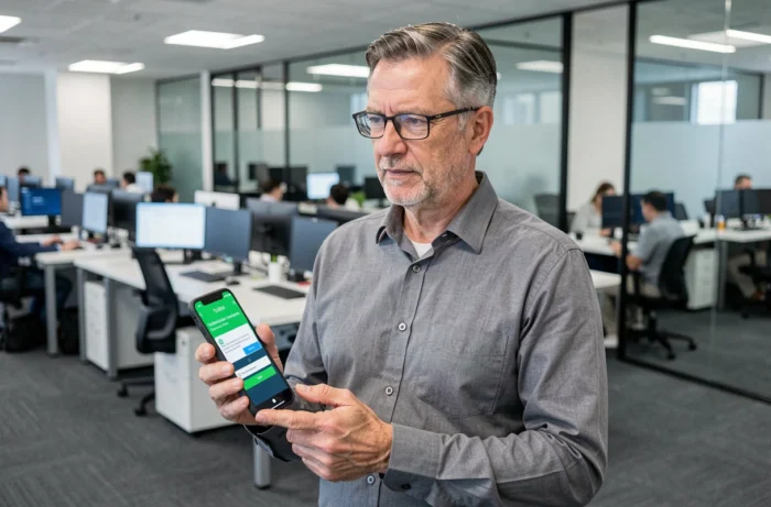 Homme d'affaires vérifiant une notification d'authentification à deux facteurs sur son smartphone dans un bureau moderne