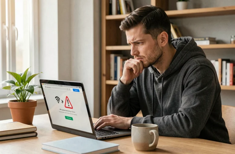 Homme frustré devant son ordinateur portable affichant une erreur de déconnexion VPN dans un bureau à domicile moderne