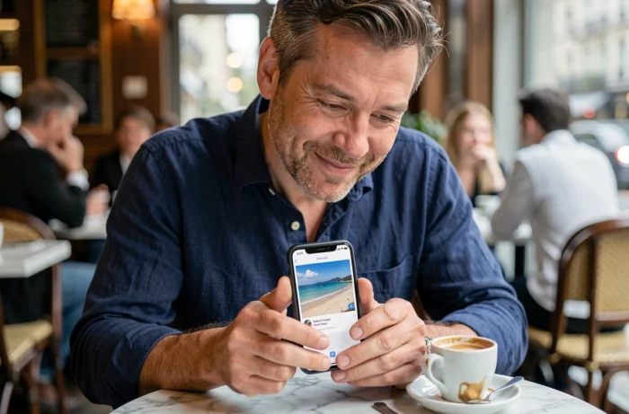 Homme utilisant une application mobile pour envoyer une carte postale virtuelle dans un café