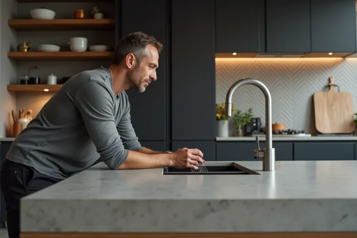 Homme comparant des robinets dans une cuisine moderne ouverte lors du choix des équipements pour un habitat contemporain