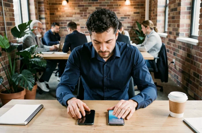 Homme comparant deux smartphones côte à côte dans un espace de coworking pour faire le meilleur choix