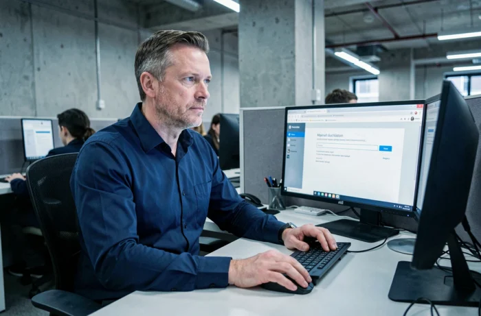 Homme professionnel se connectant à un compte webmail sur un double écran dans un open space de bureau