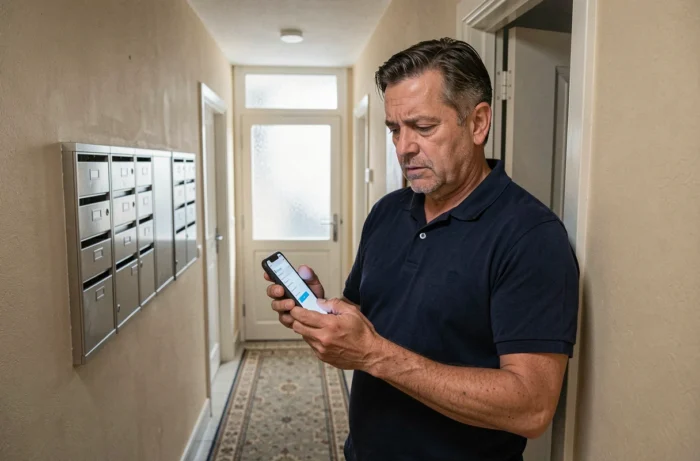 Homme dans le couloir d'un immeuble consultant son téléphone pour trouver le numéro d'urgence Foncia