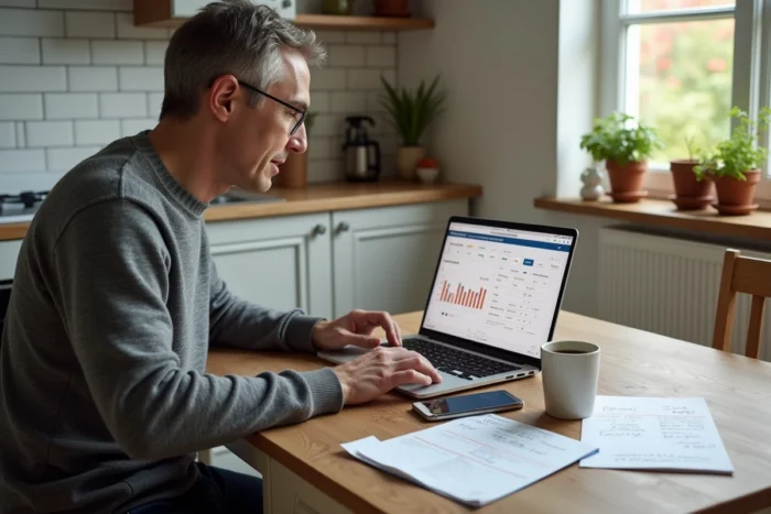 Homme gérant son budget personnel sur un ordinateur portable à la table de sa cuisine avec des notes financières