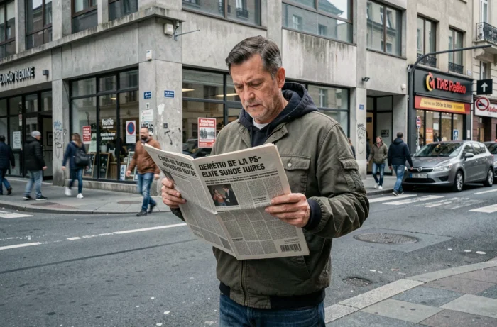 Homme lisant un journal imprimé dans une rue animée de la ville avec des titres d'actualité visibles