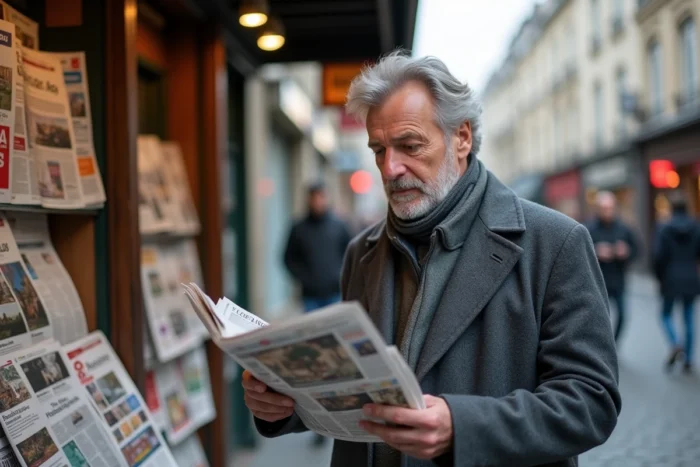 Homme lisant les journaux et magazines à un kiosque à journaux dans une rue pavée européenne