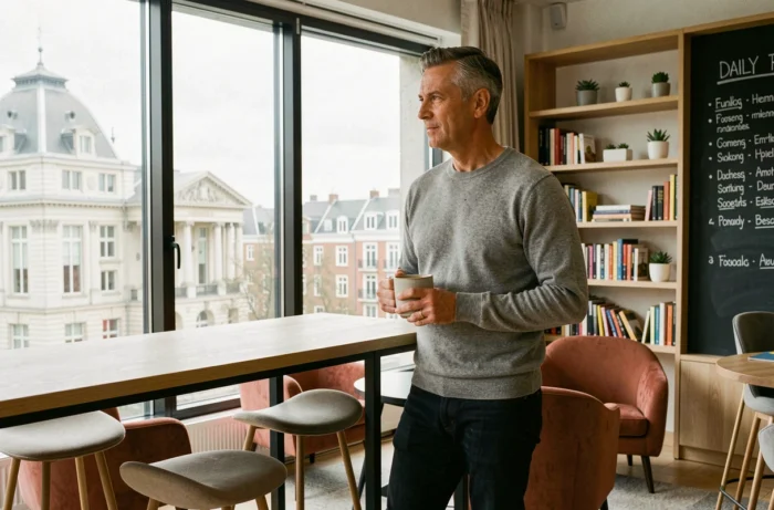 Homme professionnel debout dans le lounge d'un espace de coworking à Bruxelles avec vue panoramique sur la ville