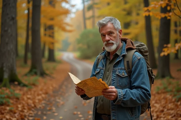 Homme explorant un sentier forestier en automne avec une carte vintage à la main