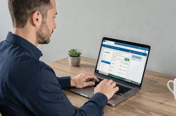 Homme recherchant son numéro de compte Livret A sur l'application bancaire en ligne depuis son bureau à domicile